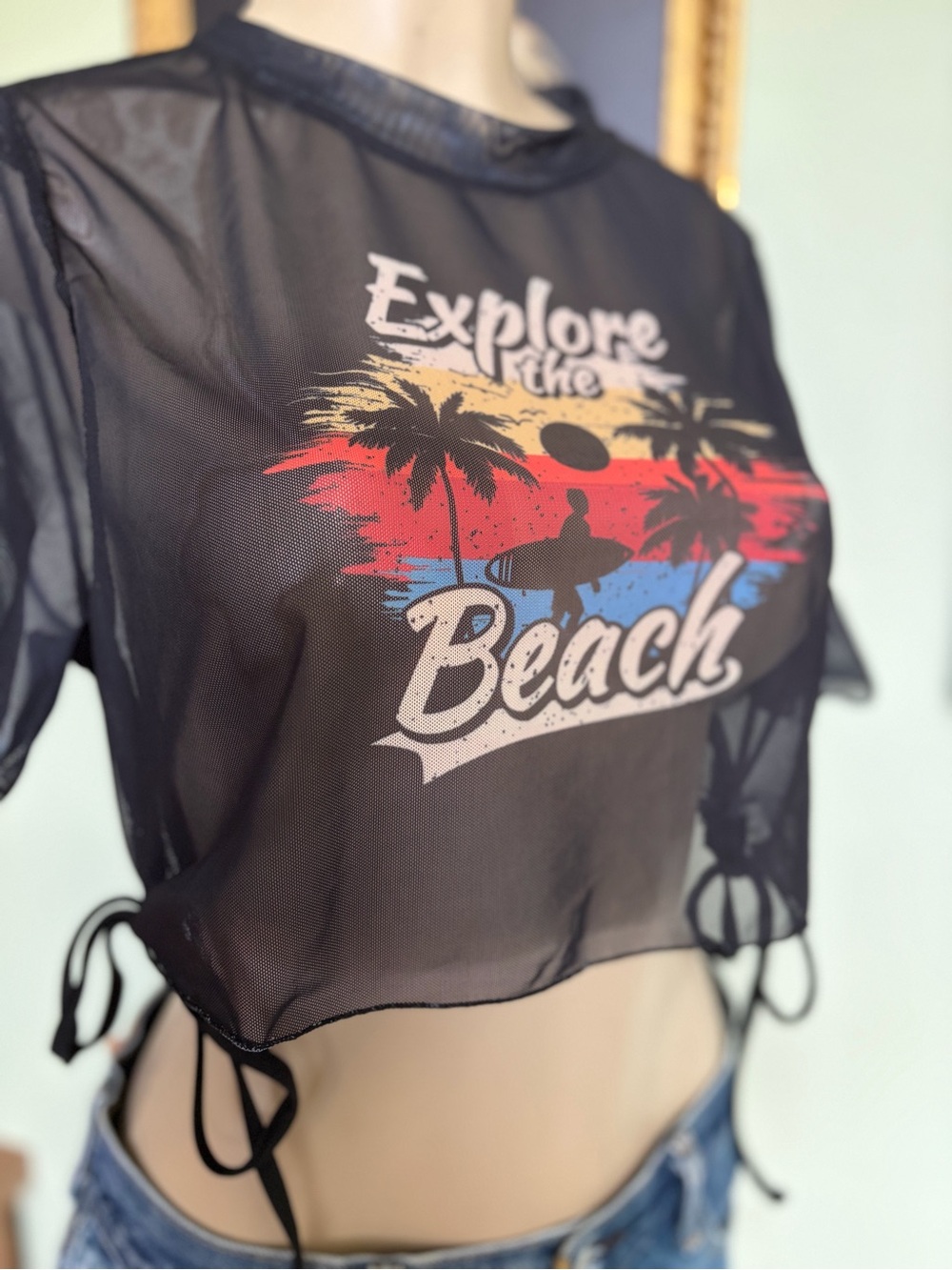 Gorglitter Black Mesh Tropical Swimsuit Cover Crop Tank Womans Size 1XL Beachy